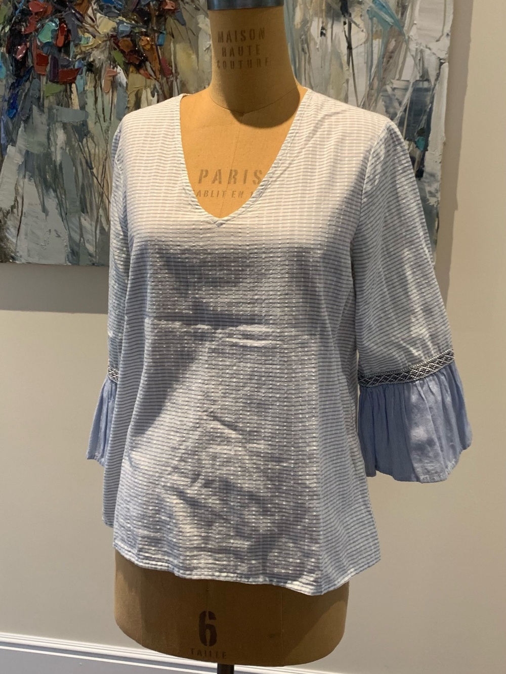 Ivanka Trump Light Blue Striped V-Neck Bell Sleeve Blouse